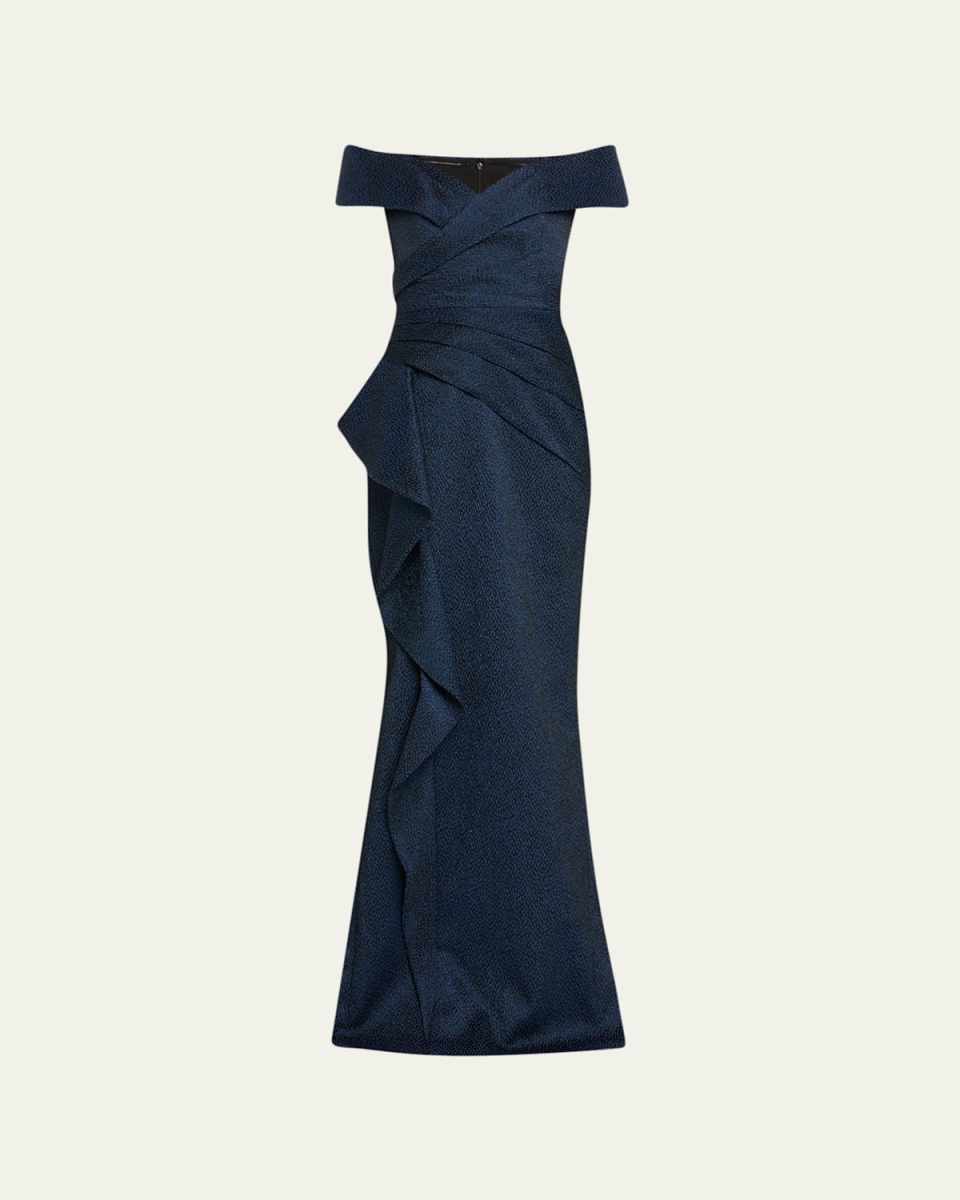 Off-Shoulder Ruffle Jacquard Column Gown