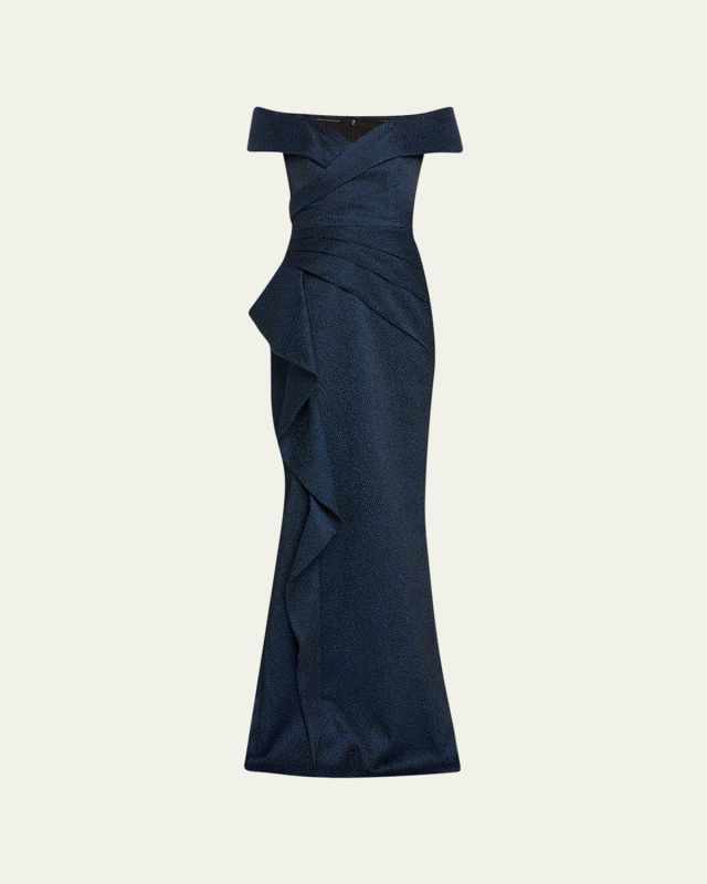 Off-Shoulder Ruffle Jacquard Column Gown