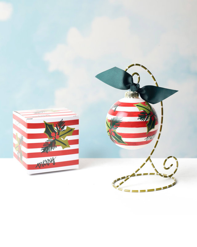 Holly Stripe Personalized Glass Ornament with Stand