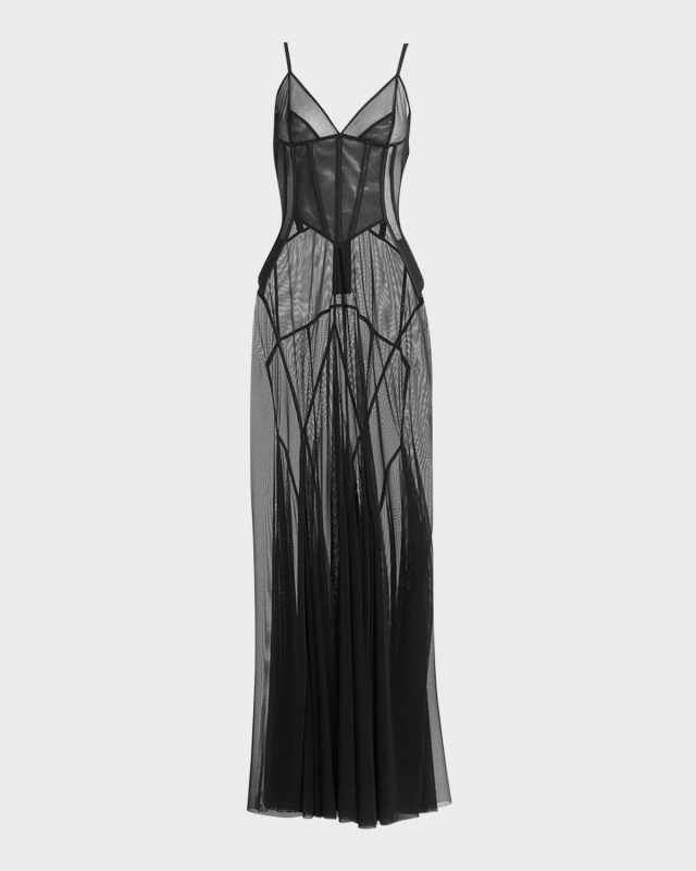 V-Neck Sleeveless Sheer Tulle Corset Godet Maxi Dress
