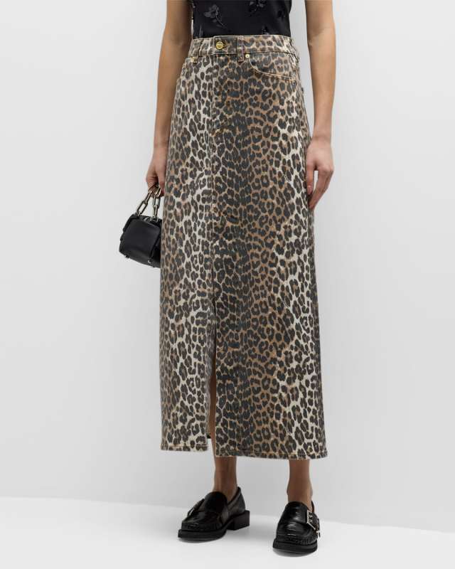 Leopard-Print Denim Maxi Skirt