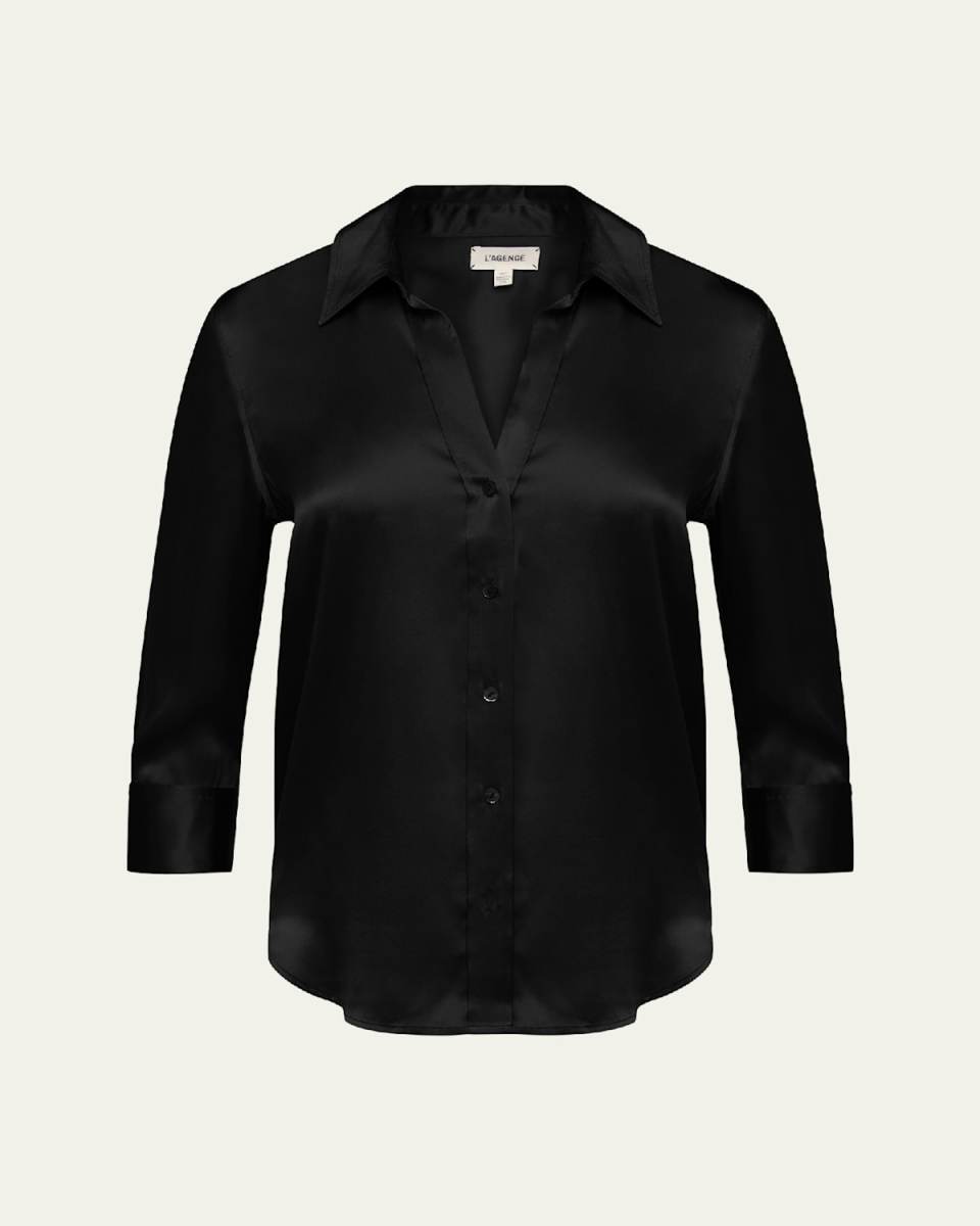 Dani Silk Satin 3/4-Sleeve Button-Down Blous