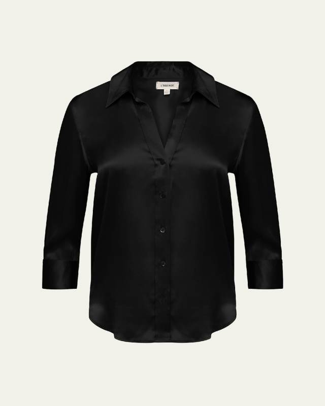 Dani Silk Satin 3/4-Sleeve Button-Down Blous