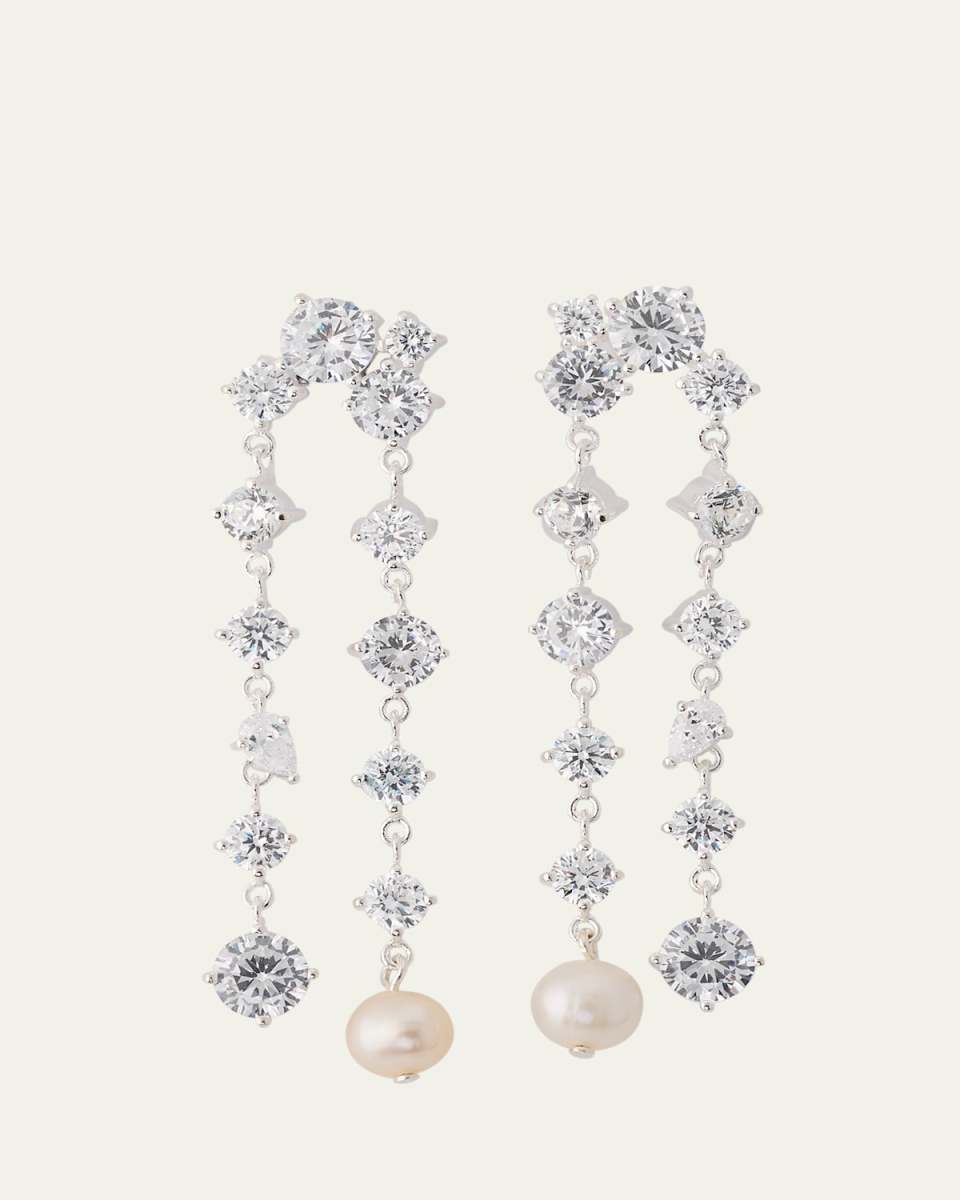 Cascading Rhodium-Plated Sterling Silver Earrings with Cubic Zirconia and Pearls