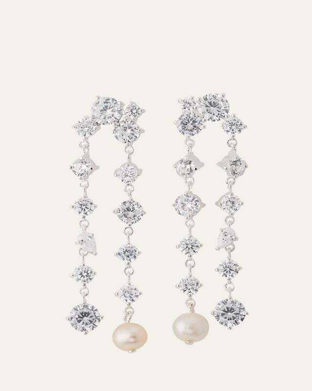Cascading Rhodium-Plated Sterling Silver Earrings with Cubic Zirconia and Pearls