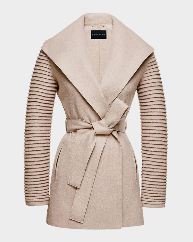 Superfine Alpaca Ribbed Long-Sleeve Oversized-Collar Wrap Coat