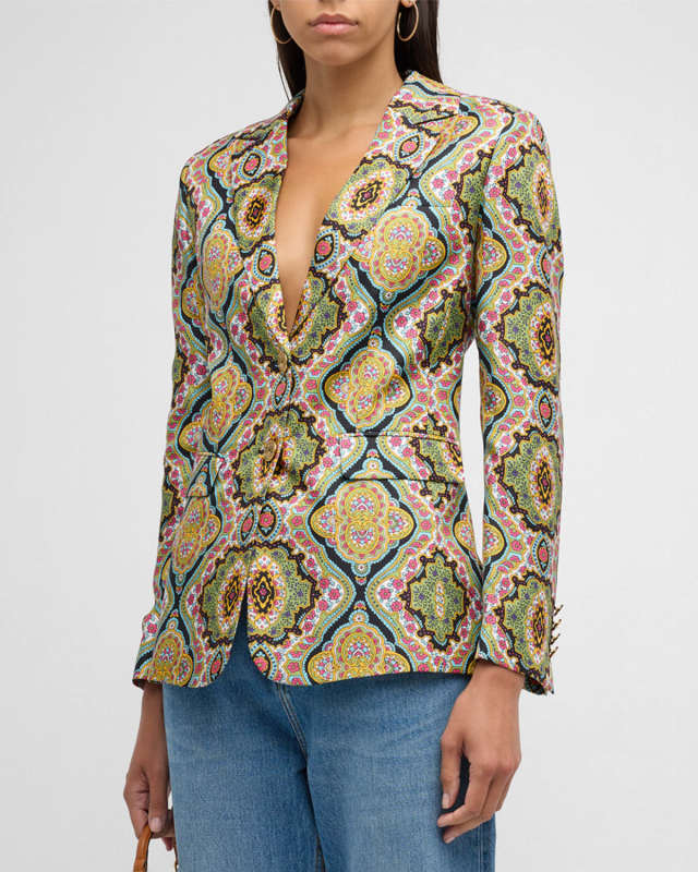 Medallion-Print Silk Single-Breasted Blazer Jacket