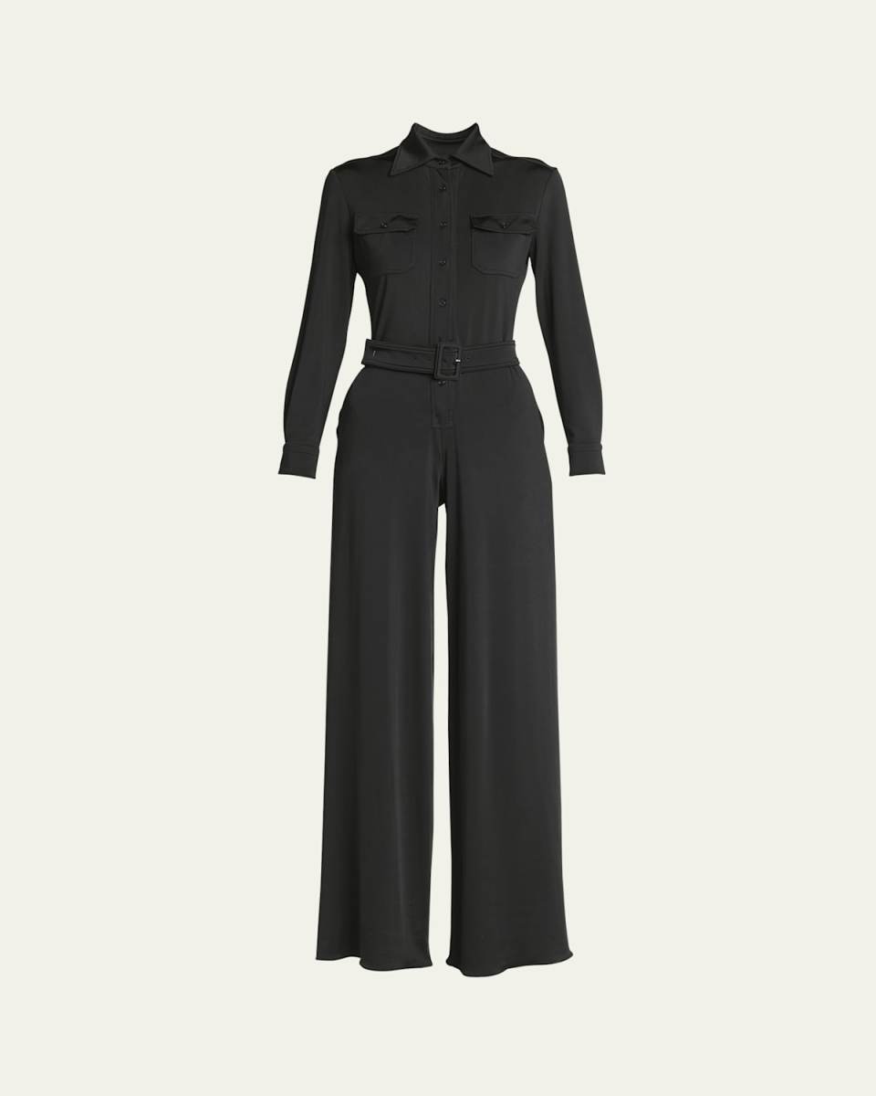 Self-Belt Satin Jersey Wide Leg Jumpsuit