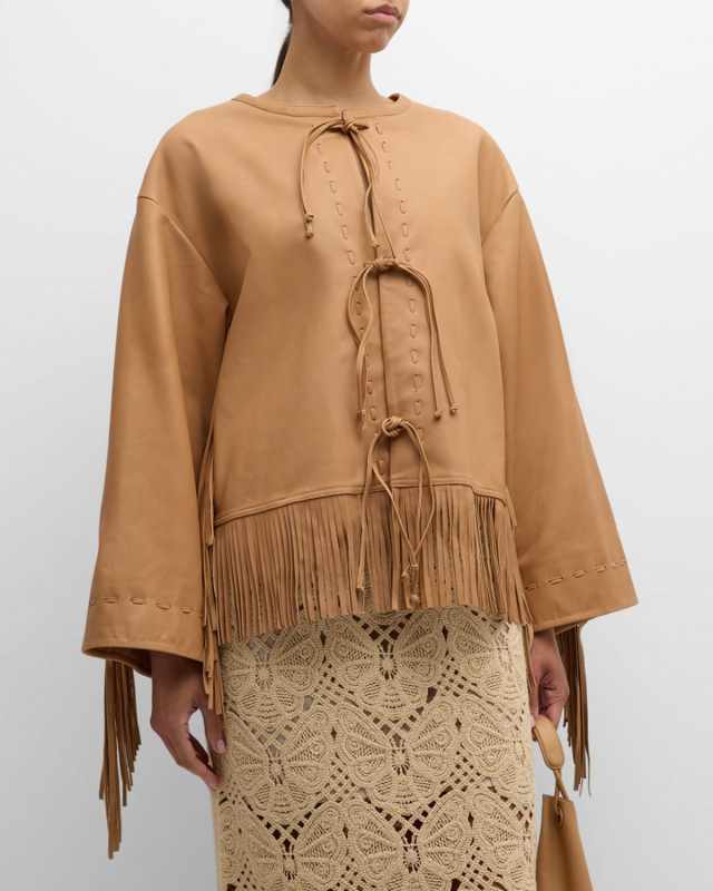Zoena Tie-Front Fringe Leather Jacket