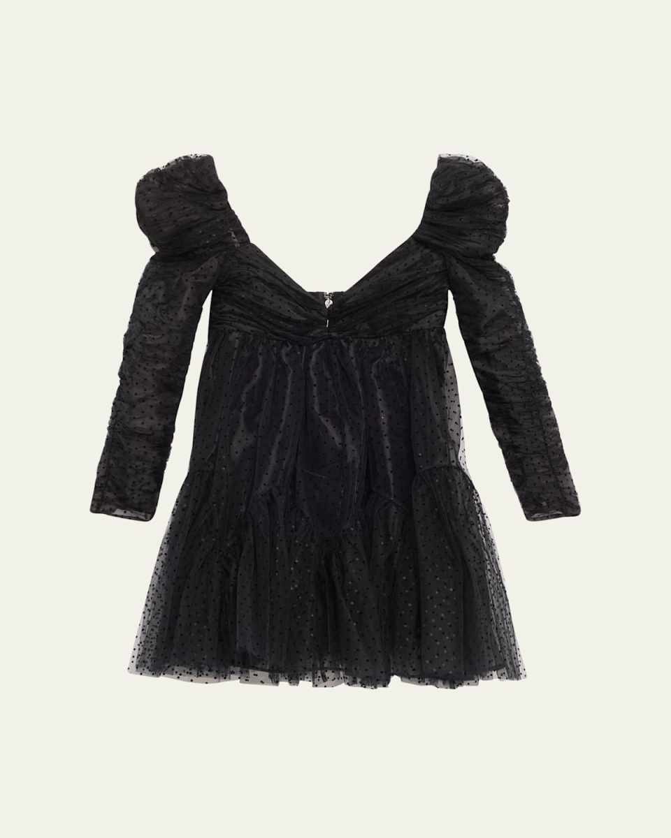 Long-Sleeve Ruched Tulle Mini Dress