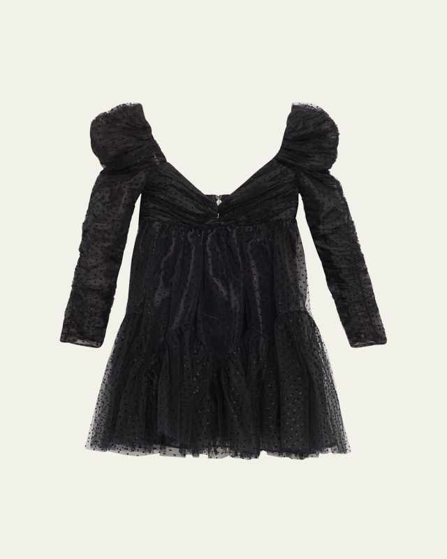 Long-Sleeve Ruched Tulle Mini Dress