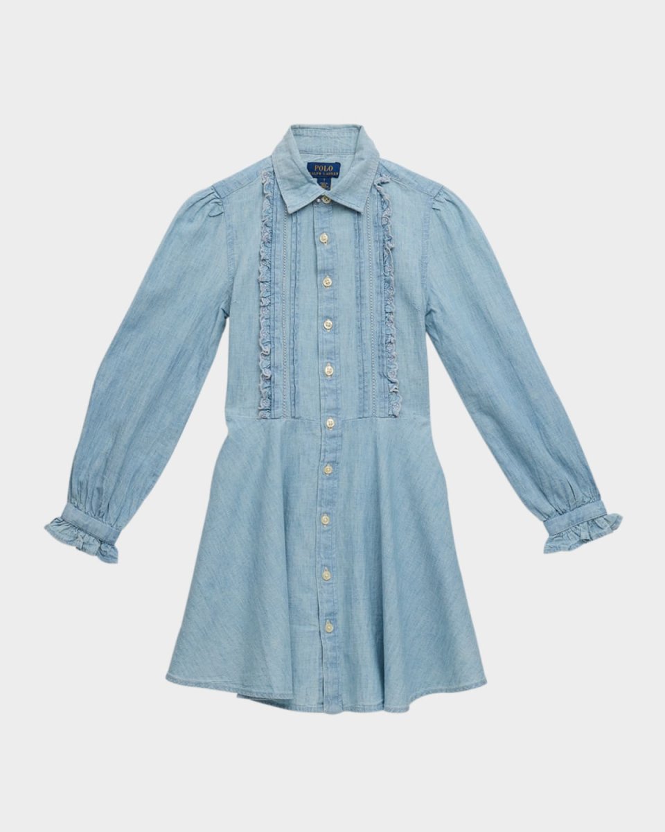 Girl's Chambray Floral-Trim Frill Dress, Size 7-16