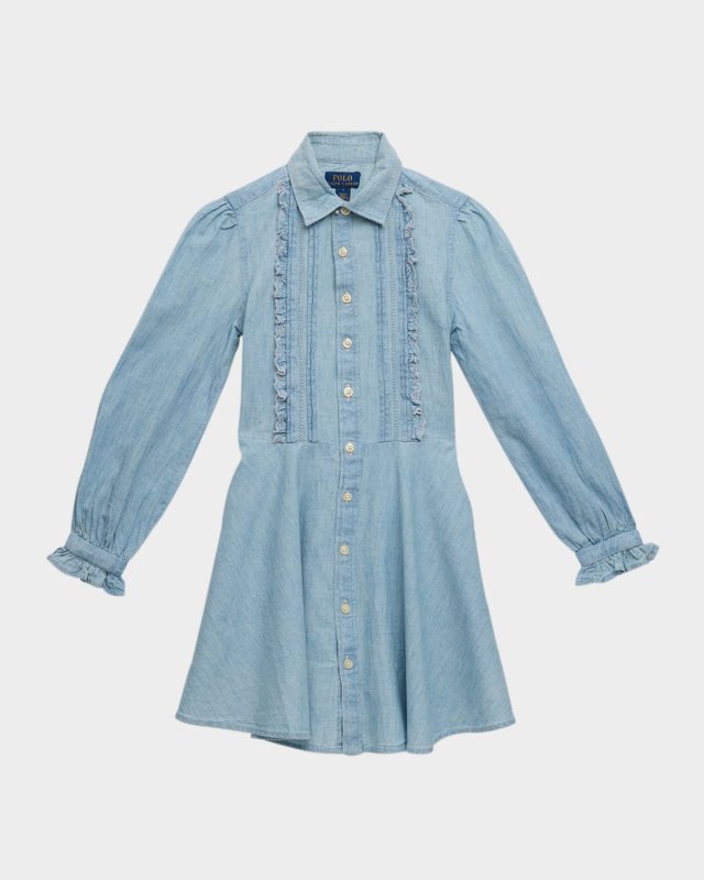 Girl's Chambray Floral-Trim Frill Dress, Size 7-16