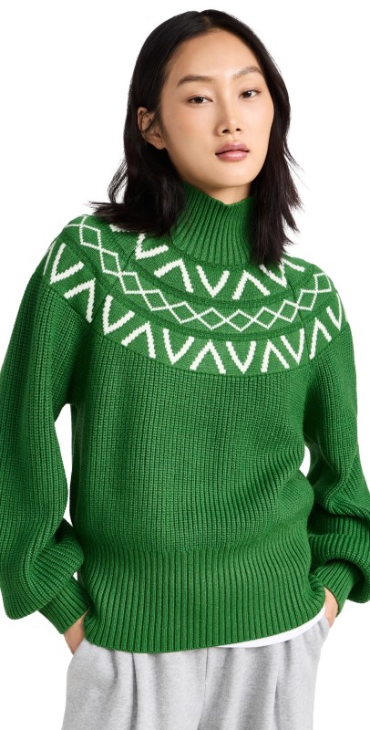 Varley Marcie Fair Isle Yoke Knit Pullover Verdant Green