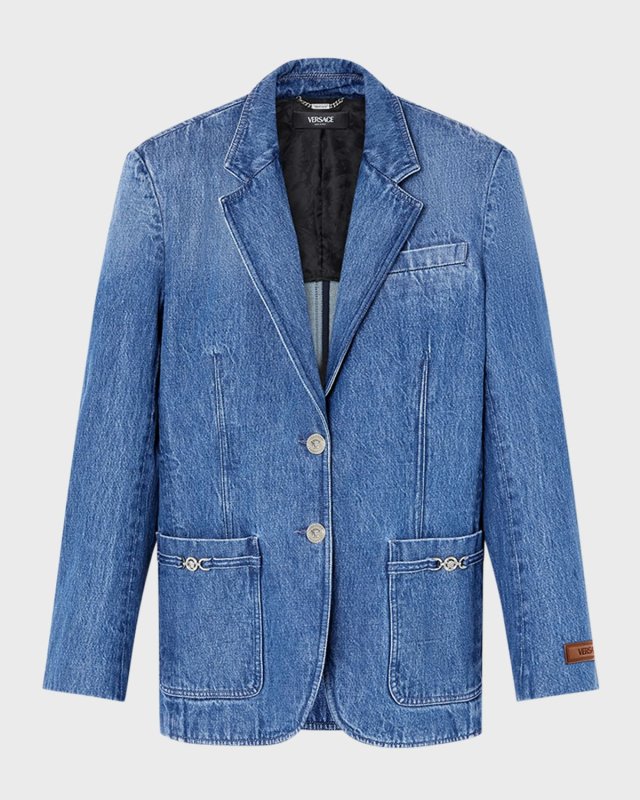 Stone Wash Denim Single-Breasted Jacket