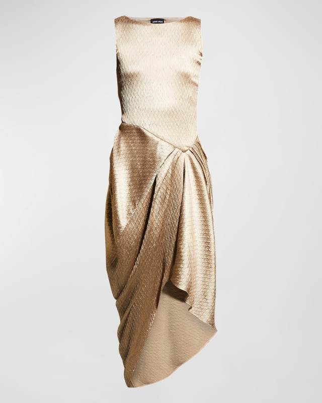Draped Textured Satin Midi Dress