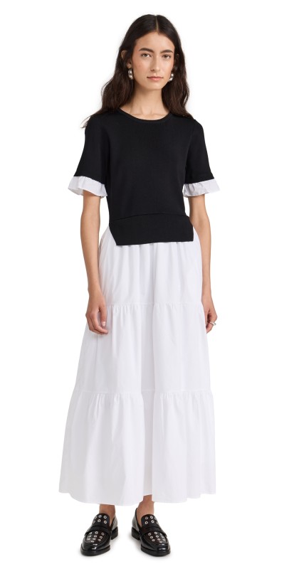 English Factory Mixed Media Short Sleeve Maxi Dress Black/Ivory