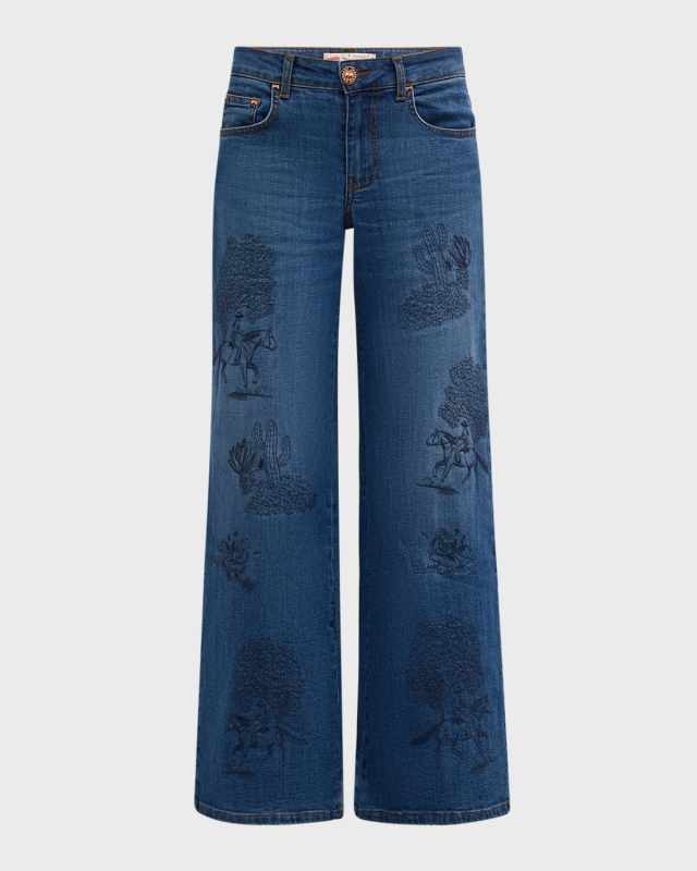 Western Inspired Embroidered Wide-Leg Jeans