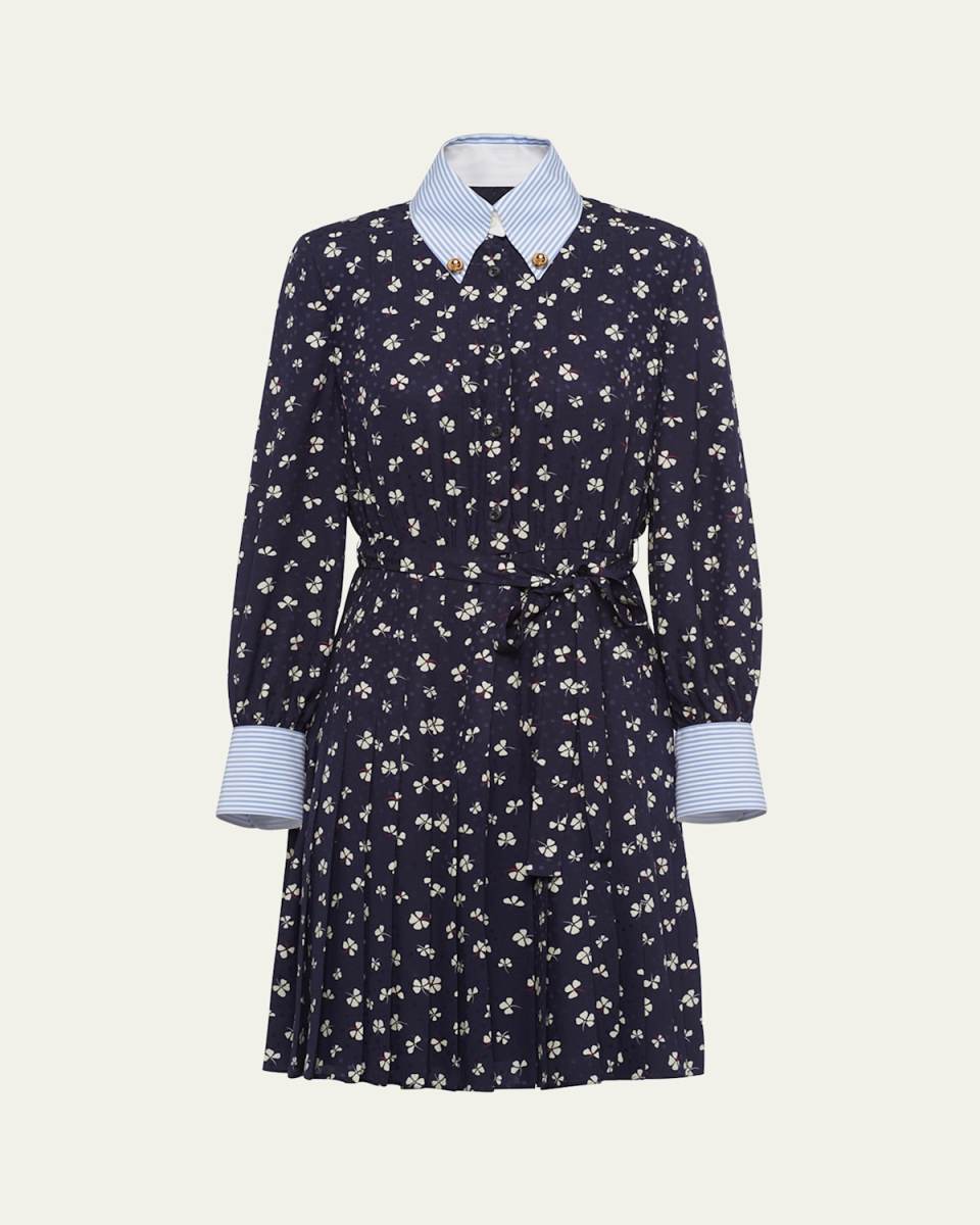Jacquard Flower Pleated Belted Mini Dress