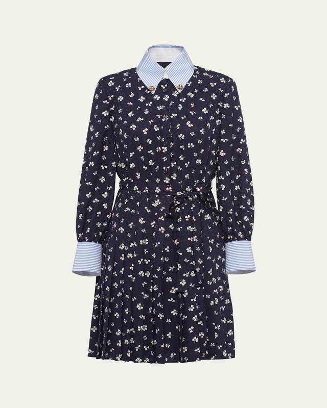 Jacquard Flower Pleated Belted Mini Dress