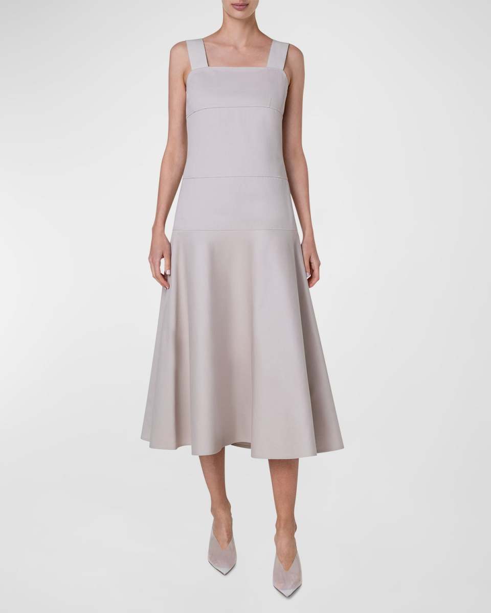 Square-Neck Drop-Waist Cotton Gabardine Sleeveless Midi Dress