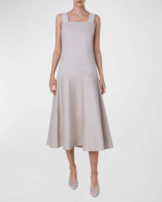 Square-Neck Drop-Waist Cotton Gabardine Sleeveless Midi Dress
