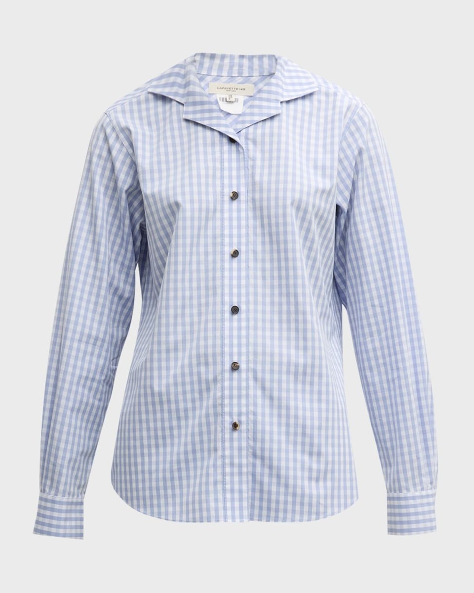 Check-Print Button-Down Cotton Blouse