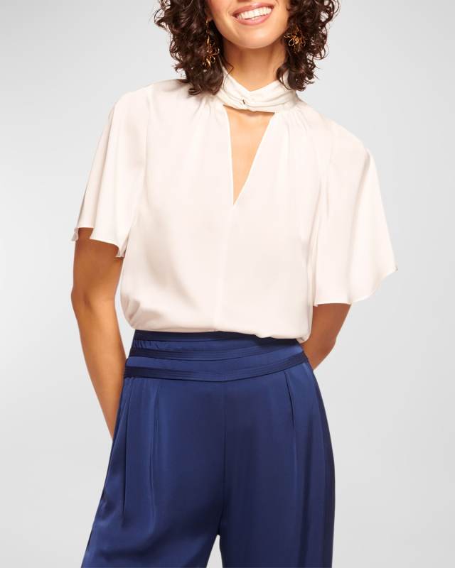Freda Satin Flutter-Sleeve Blouse