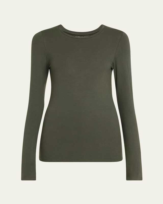 Soft Touch Flat-Edge Long-Sleeve Crewneck Top