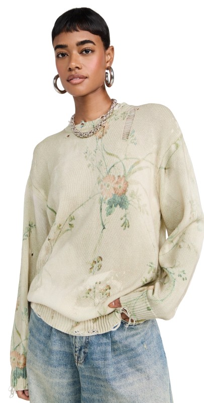 R13 Printed Boyfriend Sweater Cream Bleached Floral