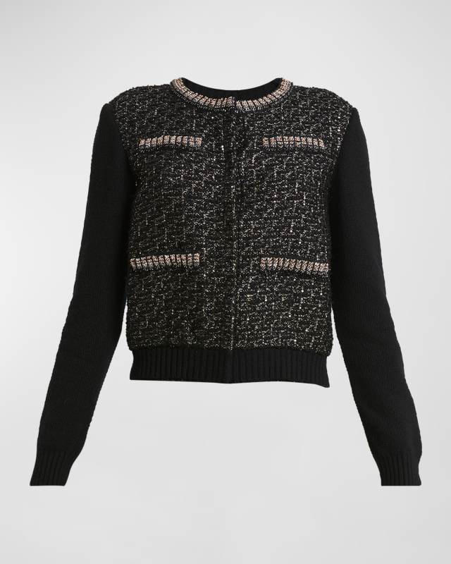 Metallic Tweed-Inset Crewneck Knit Cardigan
