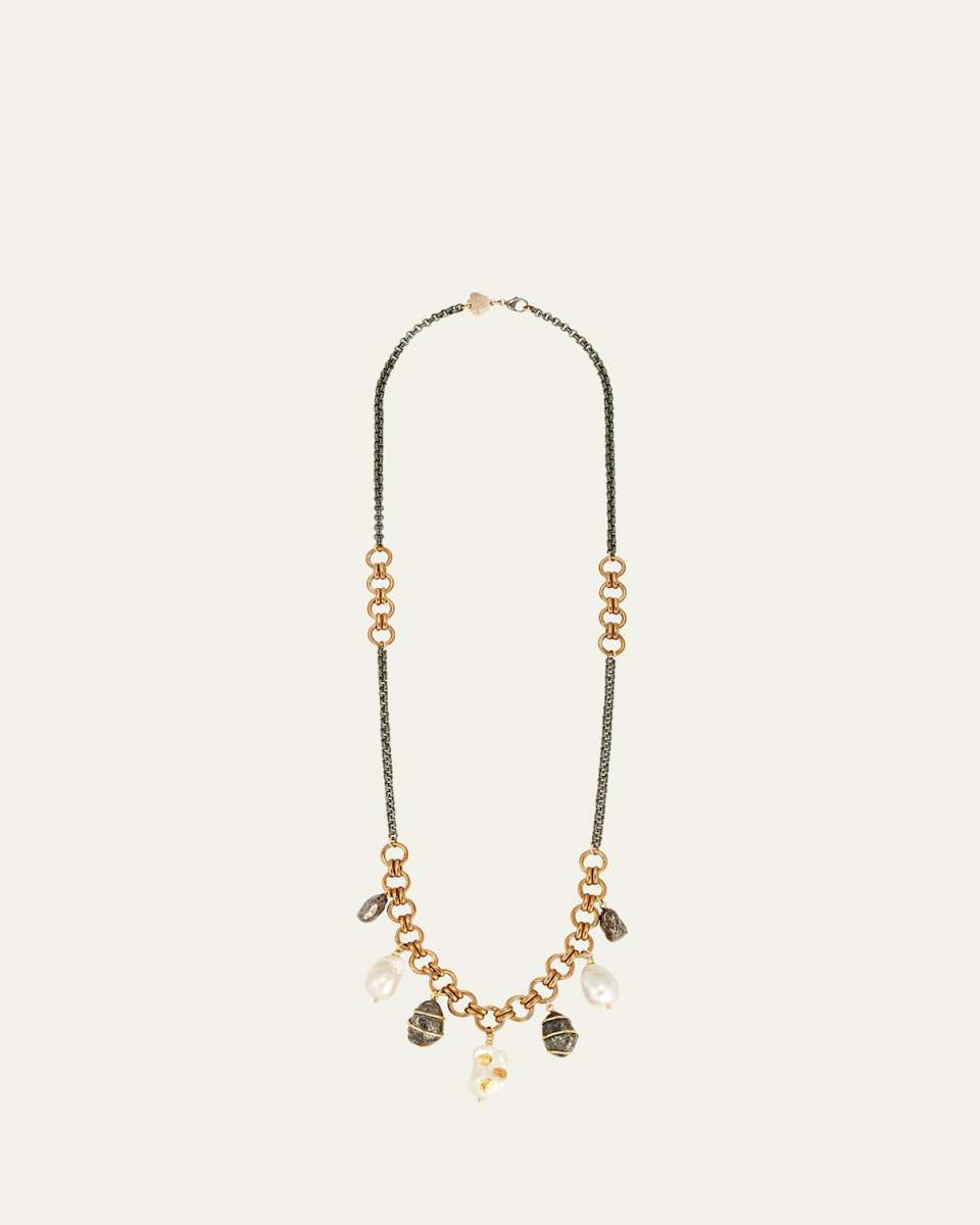 Freshwater Baroque Pearl Seven Charm Necklace with Black and Light Brown Silver