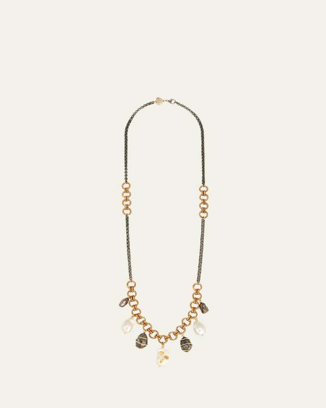 Freshwater Baroque Pearl Seven Charm Necklace with Black and Light Brown Silver