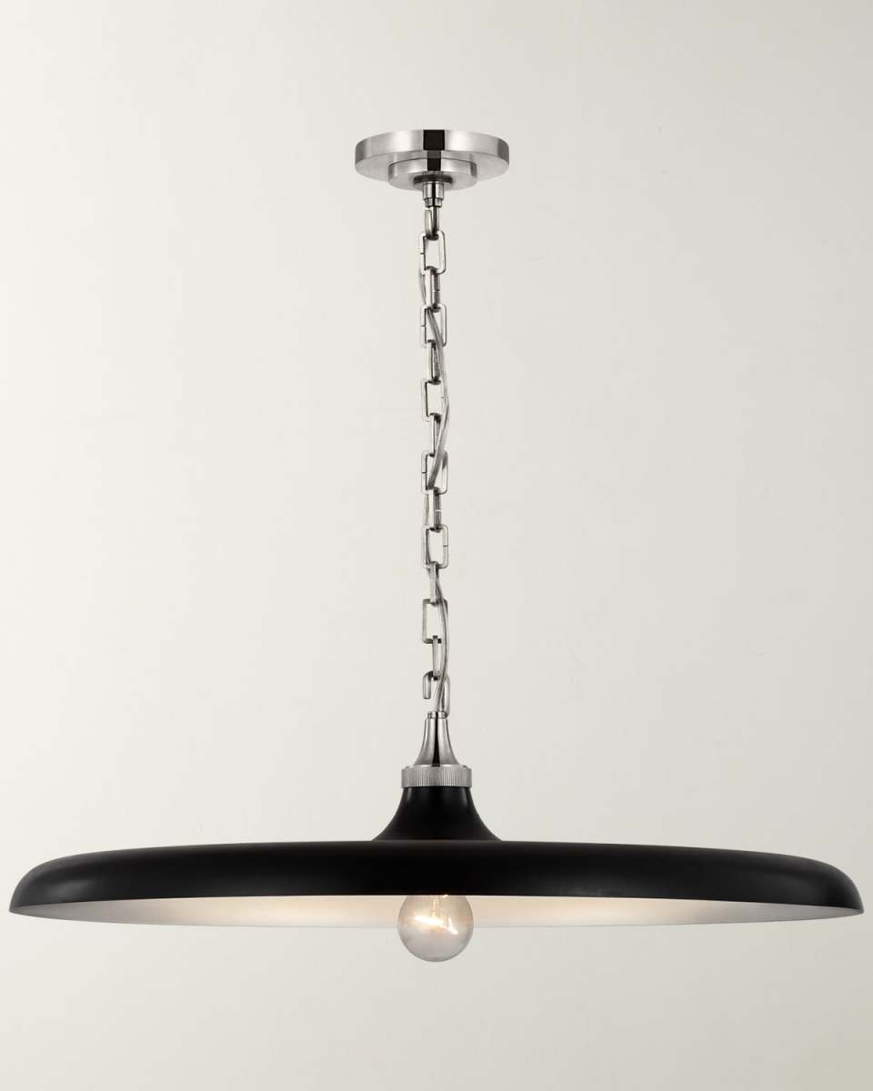 Piatto Large Pendant In Hand-Rubbed Antique Brass With Aged Iron Shade By Thomas O'Brien