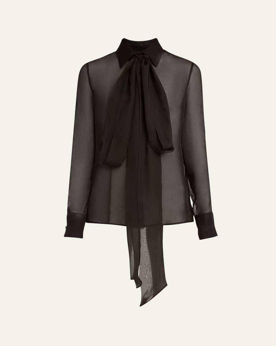 Bow-Neck Sheer Silk Blouse