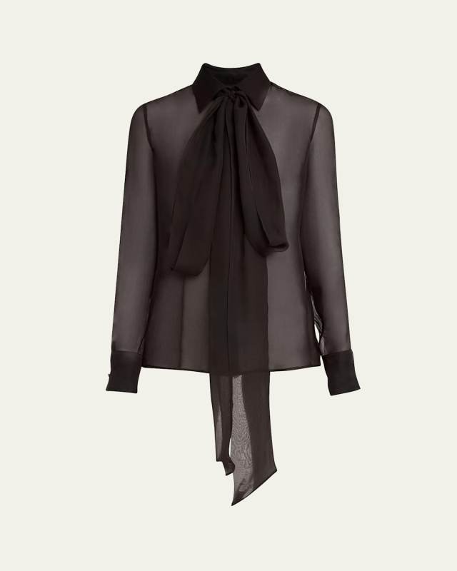 Bow-Neck Sheer Silk Blouse