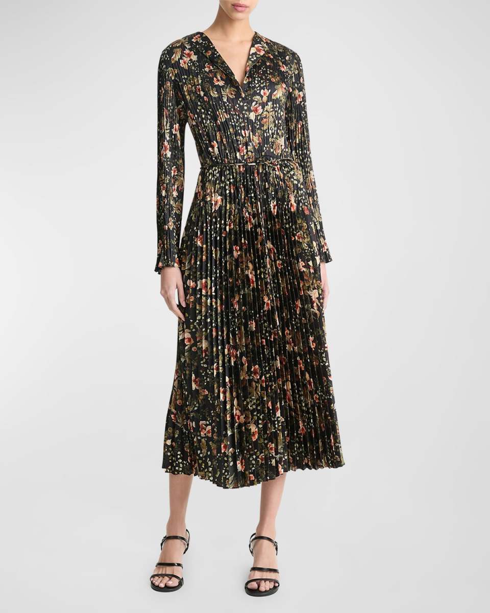 Orchid Vine Long-Sleeve Pleated Midi Dress