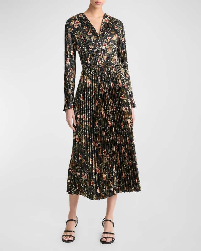Orchid Vine Long-Sleeve Pleated Midi Dress