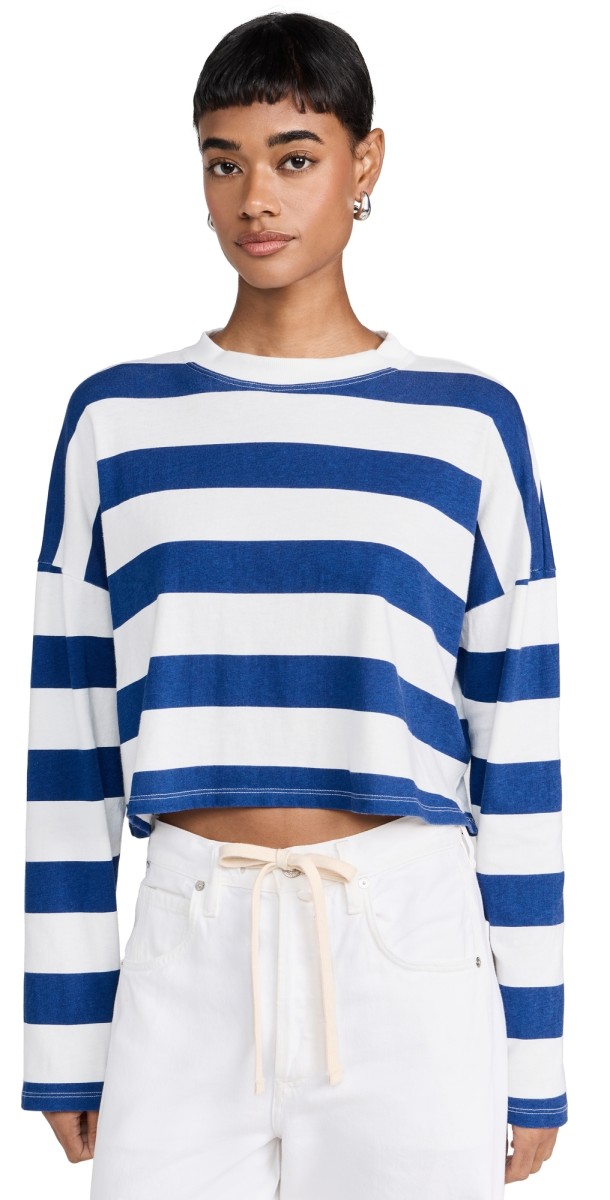 ASKK NY Printed Cropped Long Sleeve Top Cobalt Thick Stripe