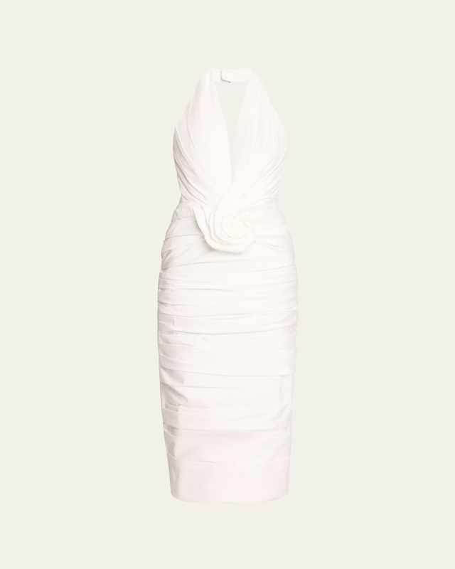 Halter Twisted Flower Ruched Midi Dress