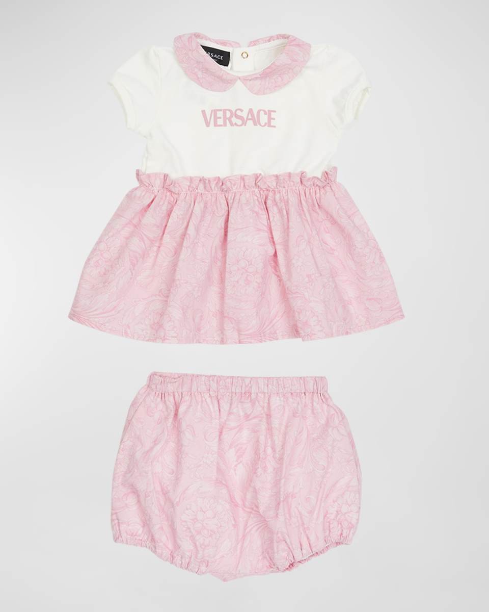 Girl's Barocco-Print Poplin Dress with Bloomers, Size 3M-18
