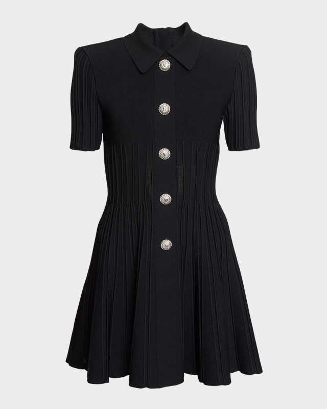 Short-Sleeve Button-Front Ribbed Knit Mini Shirtdress