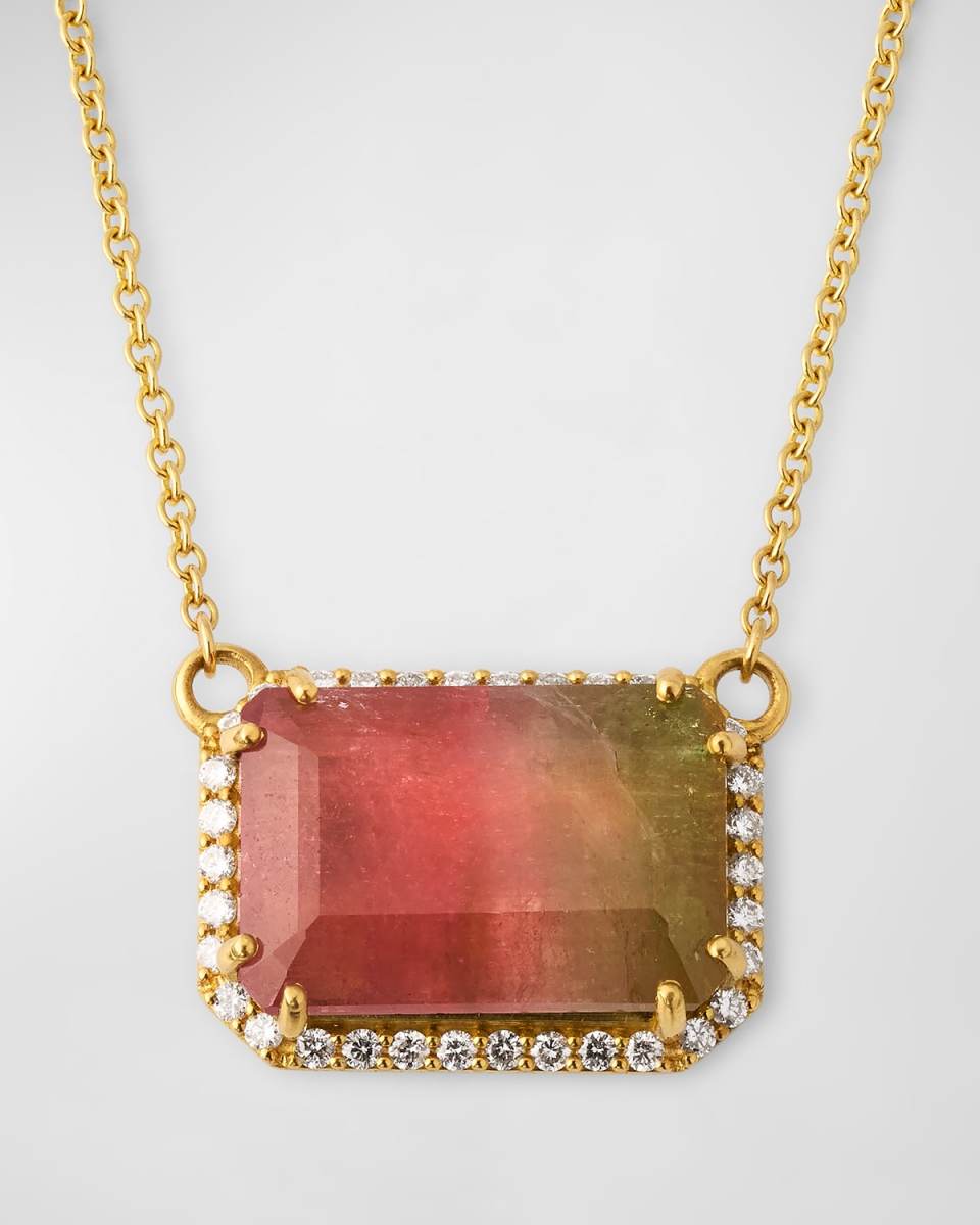 Rainbow Bicolor Tourmaline Emerald-Cut Diamond Halo Necklace