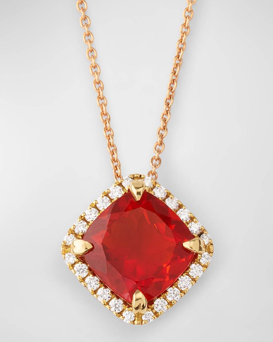Rocks 18K Rose Gold Petite Cushion Cut Fire Opal and Diamond Halo Pendant Necklace
