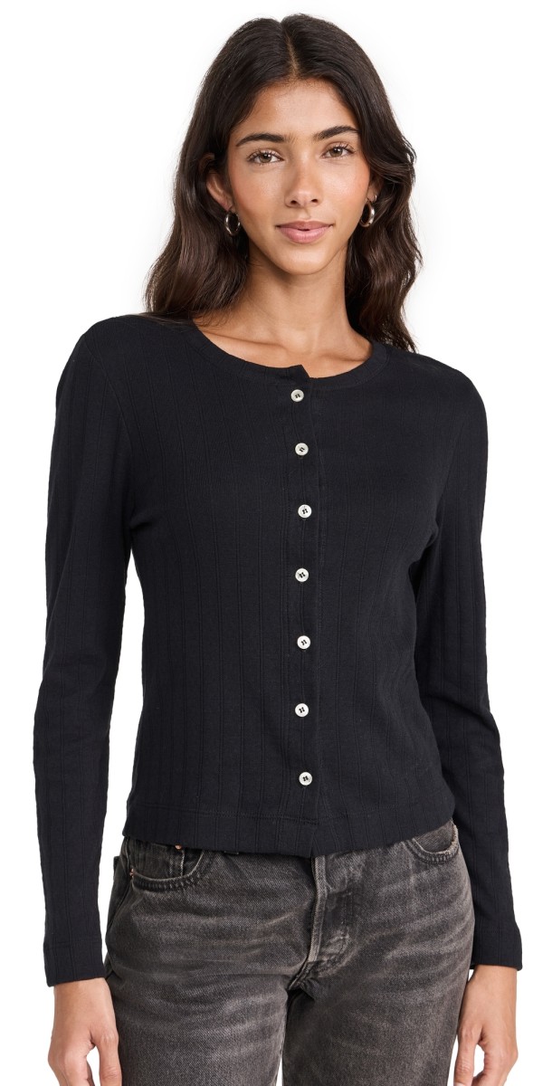 Leset Pointelle Classic Crew Cardigan Black