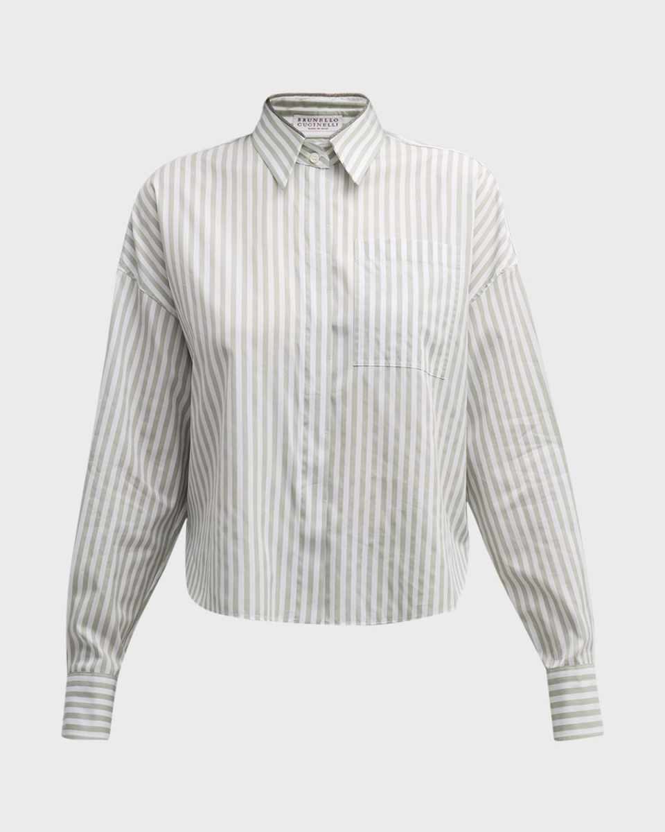 Striped Button-Front Blouse with Monili Trim