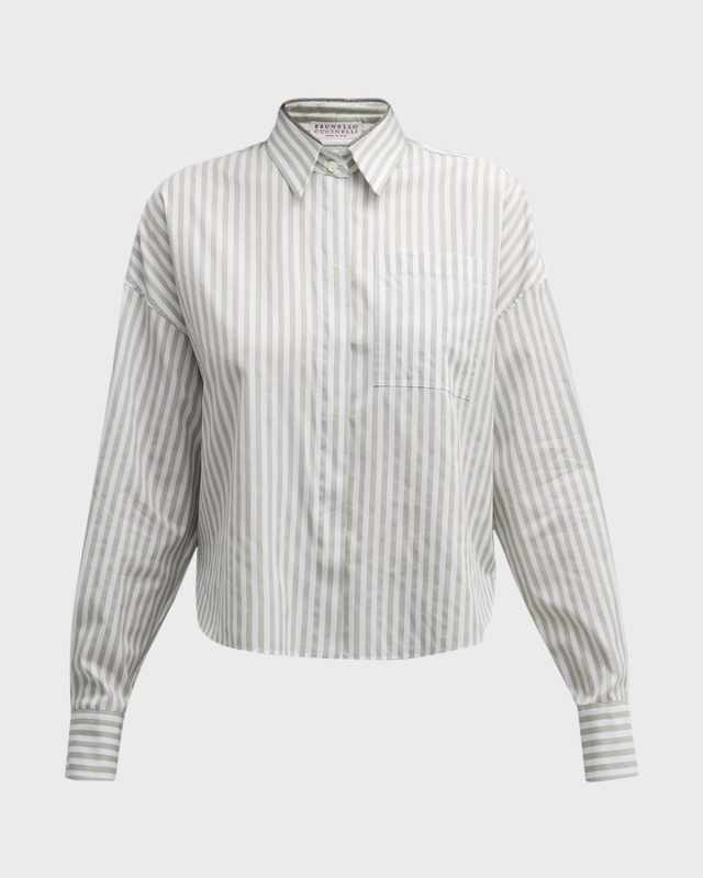 Striped Button-Front Blouse with Monili Trim