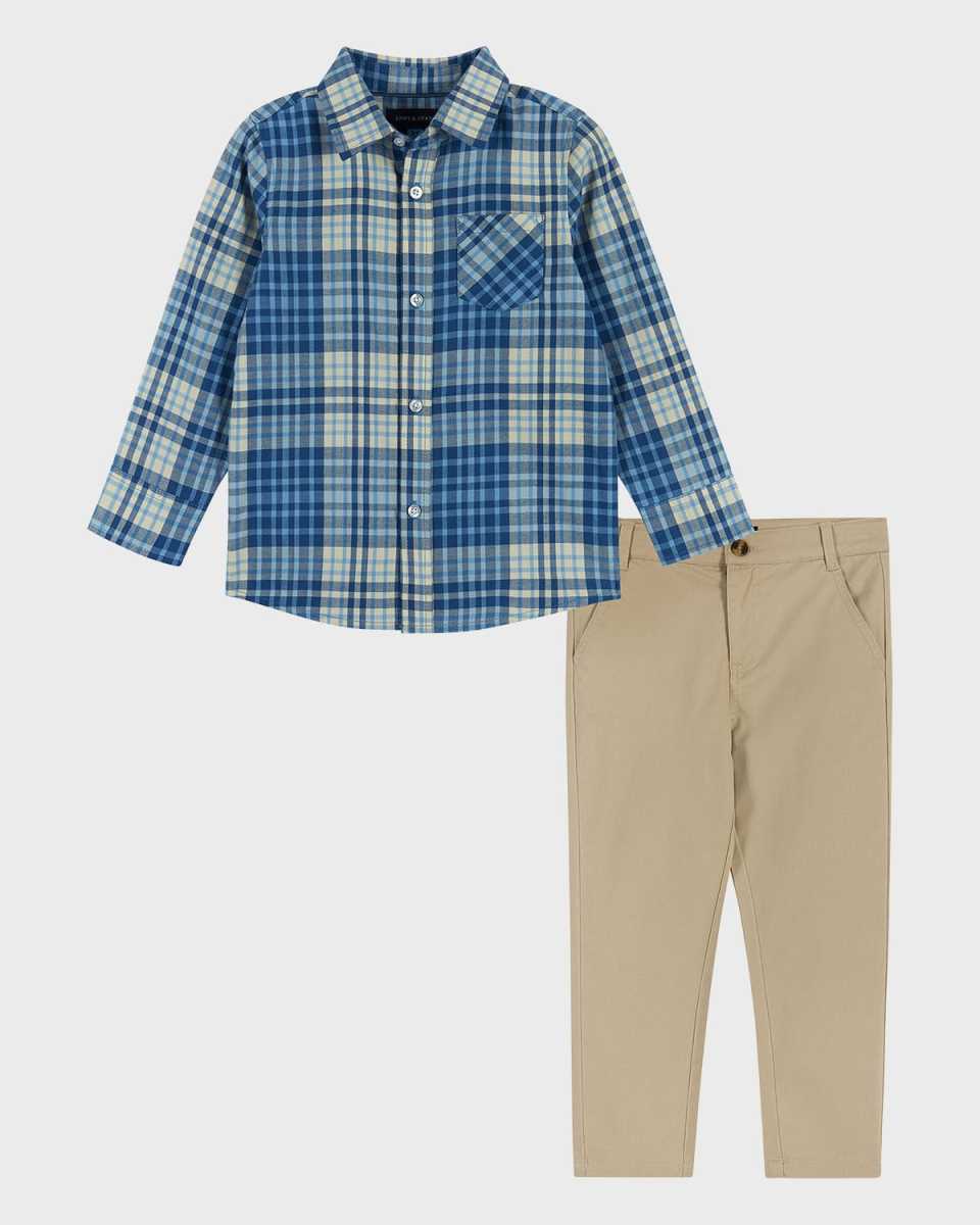 Boy's Plaid Ultra Soft Button Down Shirt & Pants Set, Size 2T-8
