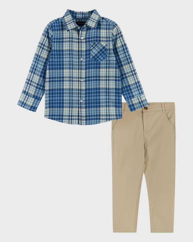 Boy's Plaid Ultra Soft Button Down Shirt & Pants Set, Size 2T-8