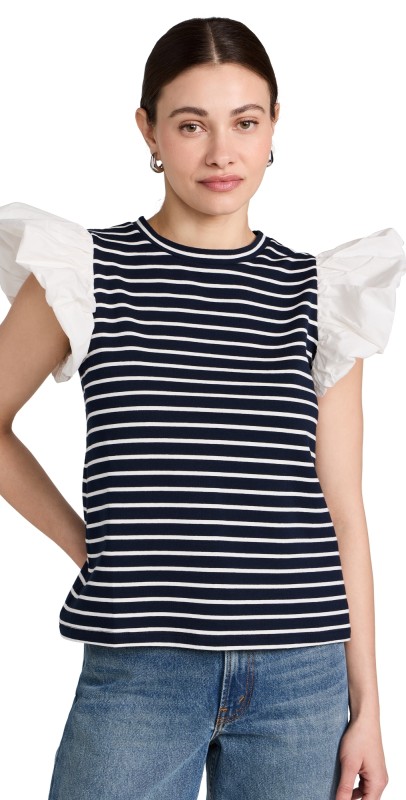 English Factory Stripe Knit with Poplin Puff Sleeve Top Navy/White